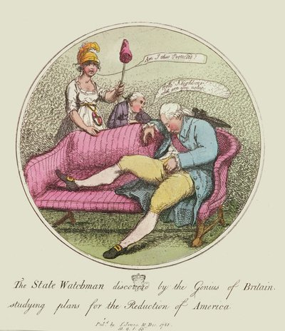 El vigilante del estado descubierto por el genio de Gran Bretaña, estudiando planes para la reducción de América, 1781 de Thomas Rowlandson